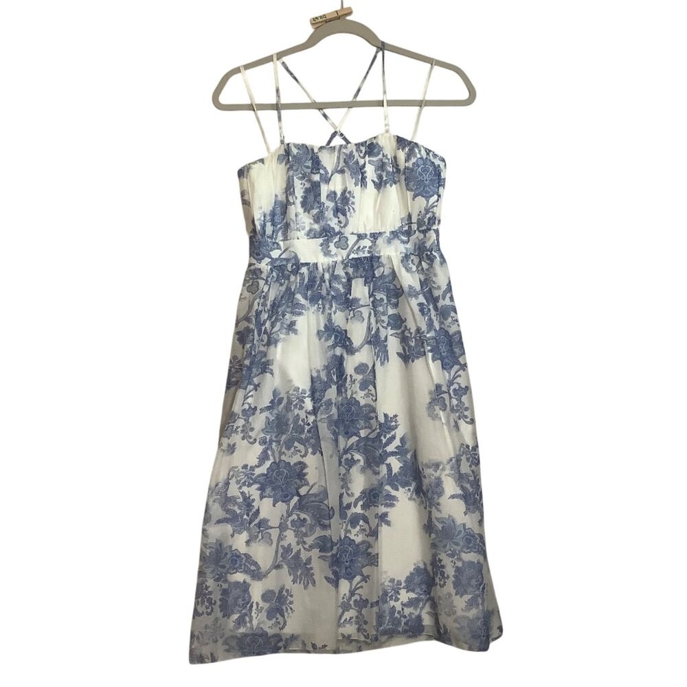 Gap Floral White Blue Midi Summer Dress Women Size 8 Silk Blend Lined Strappy